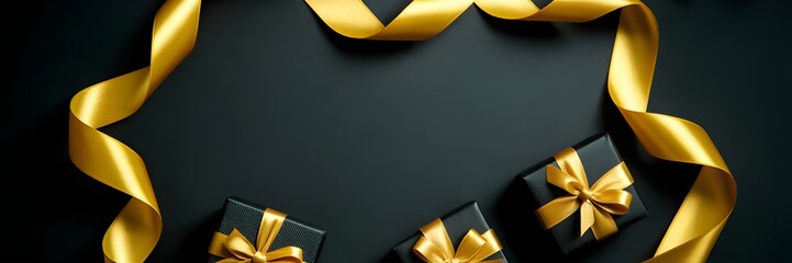 Golden ribbon on dark background with torn edges and bows