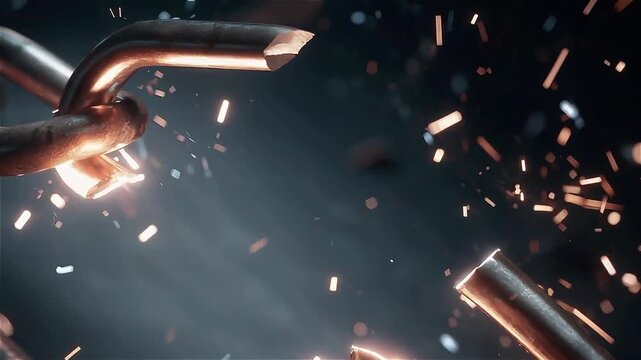 Broken chain unleashing sparks and fierce energy concept. Broken steel chain releasing sparks symbolizing freedom and inner power.