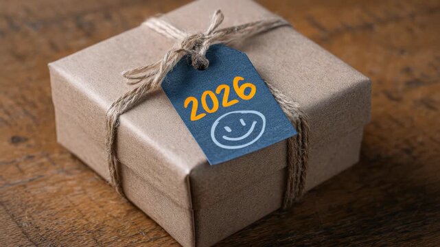 Handcrafted gift box with 2026 tag featuring smiley on wooden surface