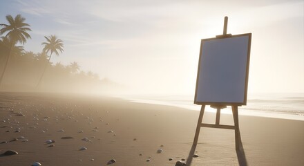 A blank canvas stands on an easel on a serene beach at sunrise, framed by misty palm trees and the