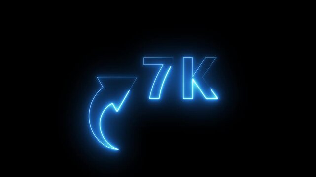 7K neon text animation on black background. Neon number with arrow animation. Followers or subscribers and like comment letter on black background.