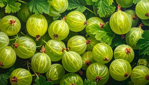 Fresh ripe green gooseberries on wooden and white backgrounds create a healthy organic food harvest of sweet juicy raw berries for a tasty summer diet - Powered by Adobe