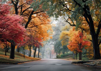 Colorful autumn trees line quiet roads, creating a vibrant and peaceful seasonal atmosphere with golden, orange, and red foliage in a misty setting.