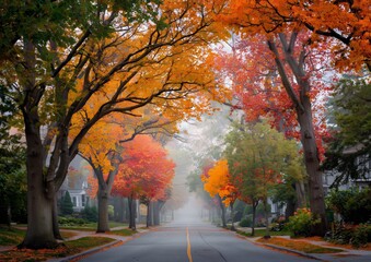 Colorful autumn trees line quiet roads, creating a vibrant and peaceful seasonal atmosphere with golden, orange, and red foliage in a misty setting.