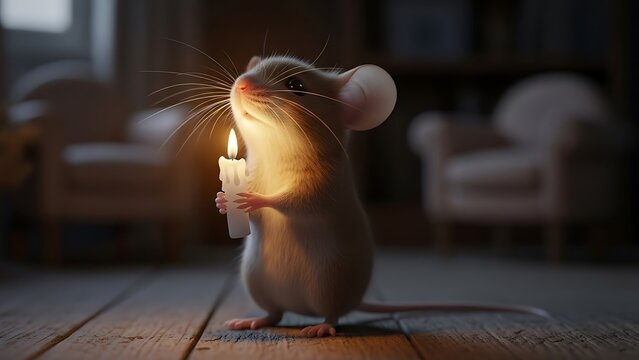 Cute mouse holding a candle light.
