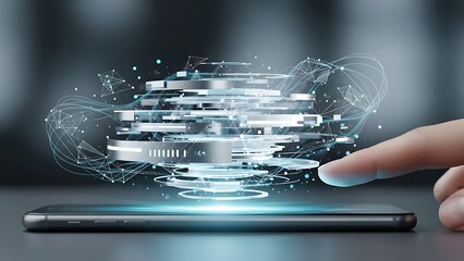 Futuristic data visualization on smartphone screen with finger interaction in blue neon lighting for tech innovation