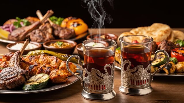Two steaming glasses of tea with traditional meat and vegetable dishes on a rustic wooden table setting - Powered by Adobe