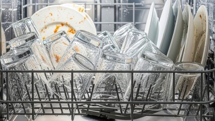 Open dishwasher with clean glasses and partially cleaned plates in kitchen appliance interior