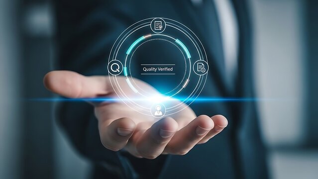 Businessman holding futuristic digital interface with glowing blue technology in modern office setting for technology - Powered by Adobe