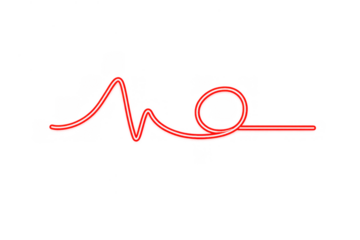 Red neon glowing heartbeat line on transparent background illustrating ekg wave, medical pulse, and vitality data