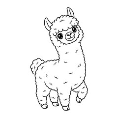Obraz premium Kawaii llama coloring book page, outline cartoon alpaca