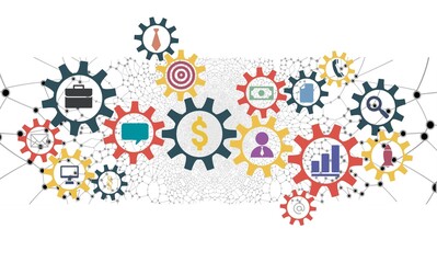 Business gears and icons interconnected, illustrating finance and technology integration
