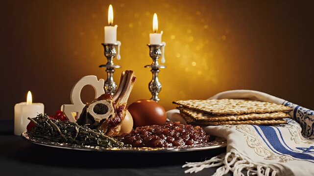 Passover Seder background with symbolic Seder plate elements and soft candle glow