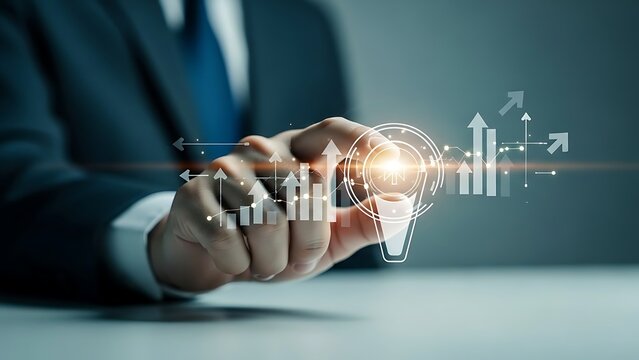 Businessman holding smartphone with glowing graph icon in futuristic digital interface with upward trending arrows in soft blue lighting for financial analysis - Powered by Adobe