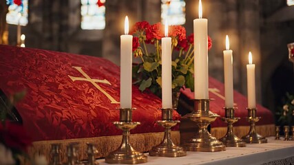 Pentecost background with red fabric and candles on altar for Christian festival design