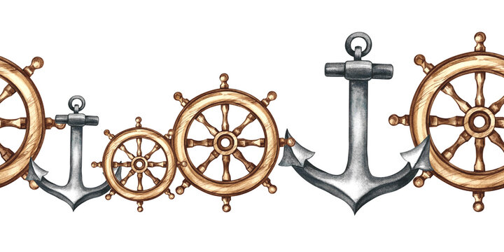 Seamless border with ship anchors and rudders. Hand-drawn watercolor illustrations. For textiles and postcards, posters and banners, packaging, and more.