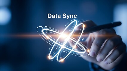 Hand interacting with data sync symbol in futuristic blue glow with neon ring effect for technology