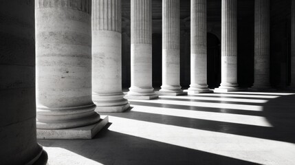 A row of majestic marble columns rise against a dark background, their shadows stretching gracefully across the smooth stone floor, creating a serene and monumental atmosphere