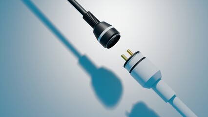 3D render of white and black industrial connectors about to join on a blue background, connectivity and data transfer concept