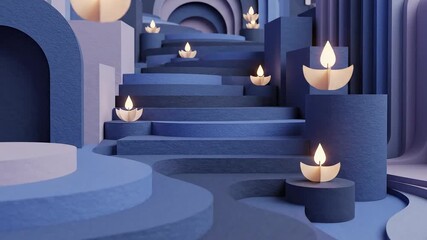 Elegant blue staircase with glowing candles, creating a serene and inviting atmosphere for festive celebrations and spiritual reflection.
