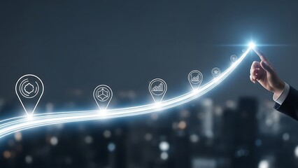 Businessman drawing a rising graph line with glowing map pins in futuristic neon lighting for corporate presentation