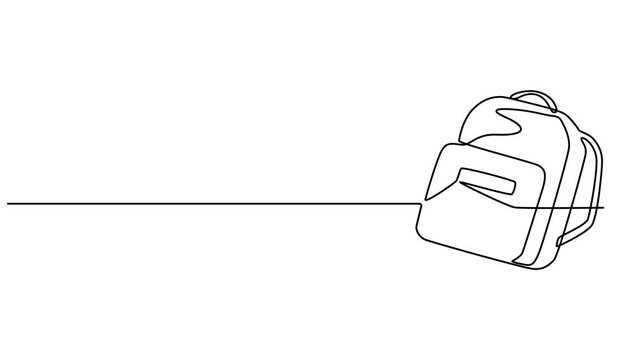 Bag pack One continuous single line hand drawn isolated background template, Backpack. One line drawing vector illustration, Self drawing line animation school backpack bag Back to school education
