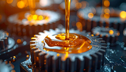 Lubrication of Gears: A close-up view unveils the crucial process of lubricating mechanical gears with a flow of glistening, viscous oil, ensuring smooth operation