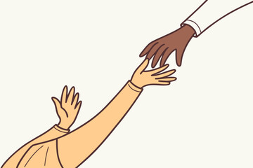 Stylized illustration of two diverse hands reaching out to help each other in a gesture of friendship support and unity against a plain background