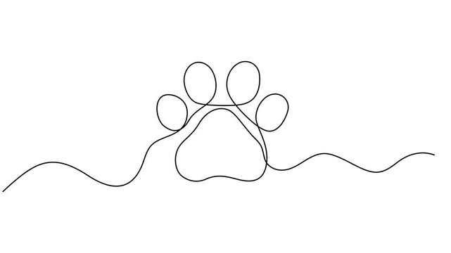 Dog paw footprint continuous one line drawing animation, dog paw one line art, Animation on white background in 4k, Dog or cat paw footprint and heart continuous one line drawing animation, Video. Dog