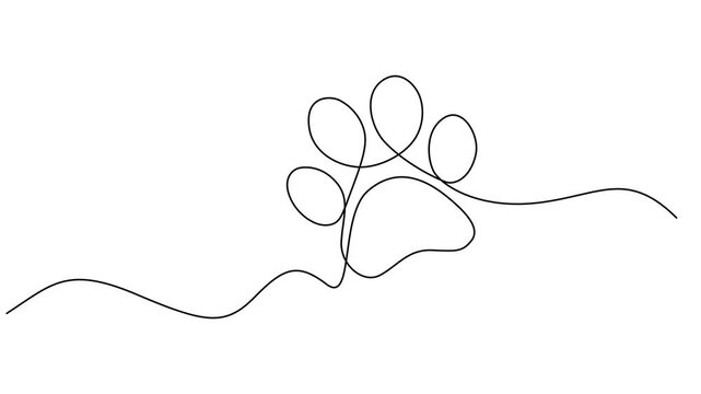 Dog paw footprint continuous one line drawing animation, dog paw one line art, Animation on white background in 4k, Dog or cat paw footprint and heart continuous one line drawing animation, Video. Dog