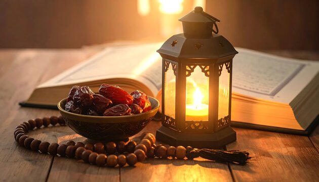 Ramadan Still Life - Dates, Lantern, Beads, and Quran in Soft Light.