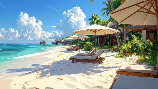 Idyllic tropical beach scene with turquoise water, white sand, and luxurious beachside bungalows.