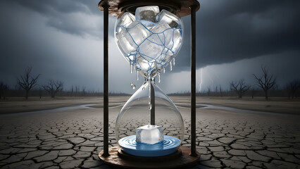 Melting ice within an hourglass against a drought-stricken, cracked earth, powerfully symbolizing the urgent climate crisis and the finite time for global environmental action