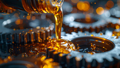 Liquid Lubrication: Close-up shot capturing the precise moment of oil lubrication onto industrial gears, highlighting smooth operation and mechanical harmony.