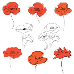 Continuous line drawing of a poppy. Set of minimalist red poppies. Black and white doodles. Poppy icon, logo