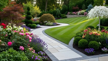 Obraz premium Landscaped garden pathway and flowerbeds