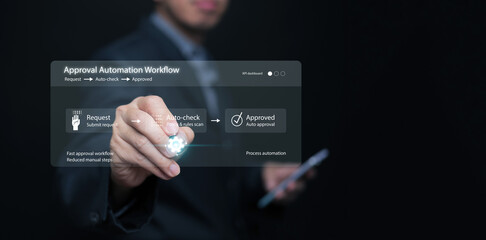 Approval automation workflow. Businessman with smartphone and stylus using digital interface to automate the process. Business tech solution for efficiency, policy checking, and fast auto-approval.