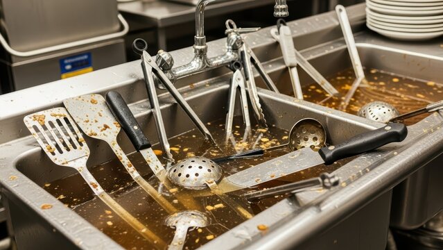 Dirty industrial kitchen sink with utensils: spoons, knives, tongs, ladles, filled with greasy water