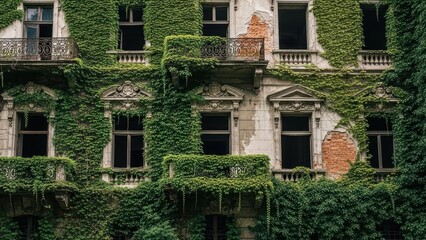 Historic abandoned building exterior covered in green ivy with weathered facade and open windows revealing rustic architecture details