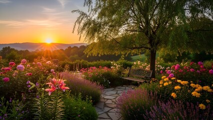 Garden landscape with flowers and sunlight