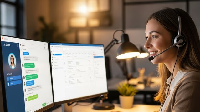 Woman Working on Computer with Headset. - Powered by Adobe