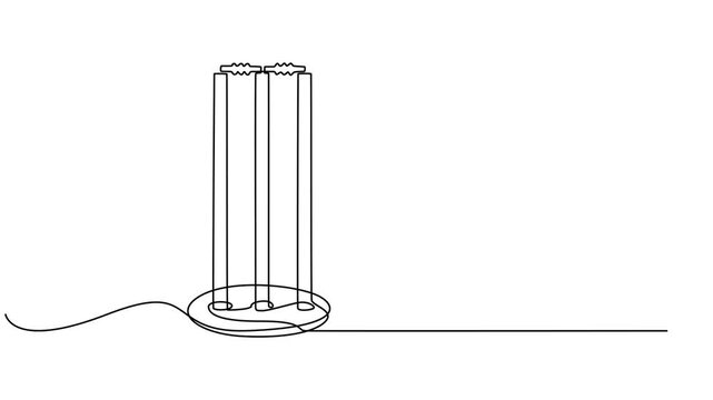 International cricket stump icon continuous one line drawing on white background minimalist sport equipment symbol 4k animation video, Self drawing animation single line draw cricket bat, stumps
