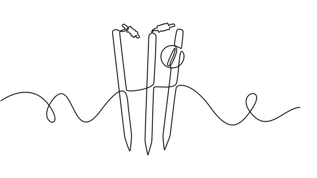 International cricket stump icon continuous one line drawing on white background minimalist sport equipment symbol 4k animation video, Self drawing animation single line draw cricket bat, stumps