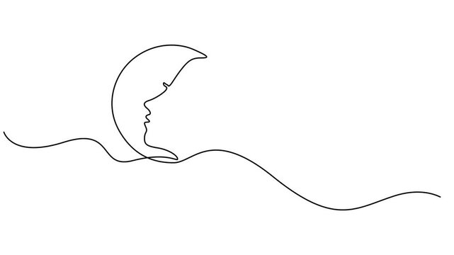 moon with women face continuous one line drawing animation, Moon continuous one line drawing 4k animation video in minimalist abstract style, moon with women face, Animated self drawing of single line