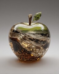 Transparent glass apple holding ocean and waves double exposure, surreal nature concept art, environmental sustainability climate change idea, abstract luxury design, modern minimal aesthetic, dramati