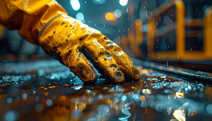 Close-Up of Yellow Glove: A weathered yellow glove, worn and bearing the marks of honest labor, rests on a reflective surface, its texture vividly revealed in the interplay of light and shadow.