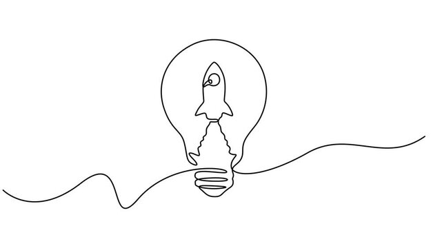 bulb with rocket continuous one line drawing animation, Animated self drawing of continuous line draw smart bright light bulb take off flying to the space logo label, Full length one line animation