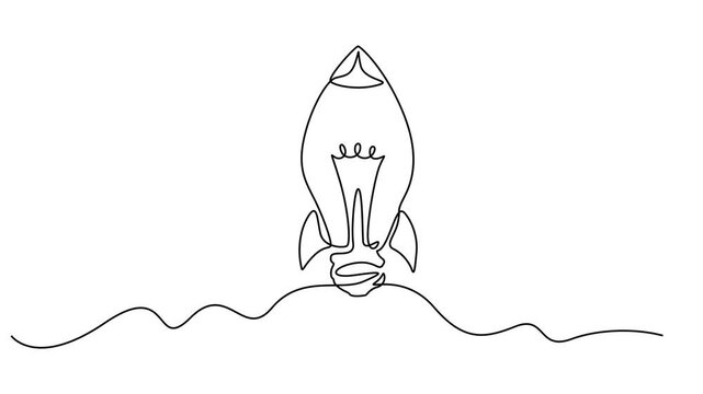 bulb with rocket continuous one line drawing animation, Animated self drawing of continuous line draw smart bright light bulb take off flying to the space logo label, Full length one line animation