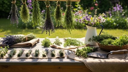 Fresh herbs and flowers arrangement