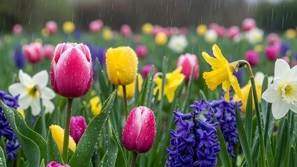 Colorful field of flowers with rain